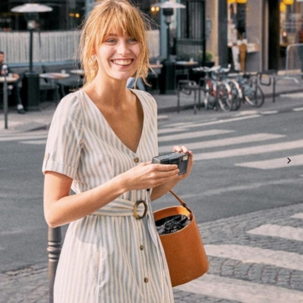 Sezane Striped Midi Dress in Cream and Light Blue